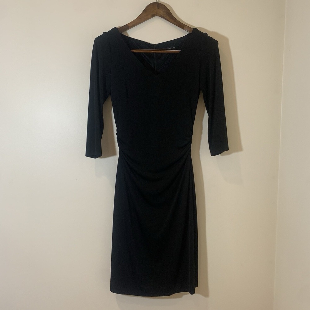 David Meister Womens Midi Dress 6 Black Ruched Bodycon LBD Elegant Cocktail‎